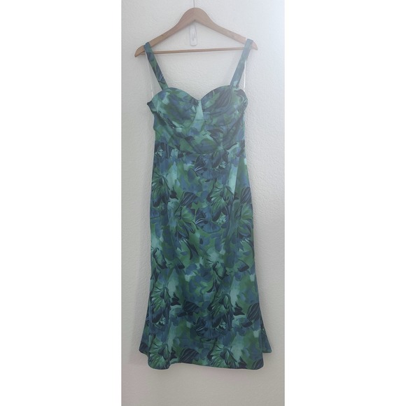 Lulus Dress Womens L Green Blue Floral Midi Fit Flare VED1050 Fairy Milkmaid - Picture 2 of 13